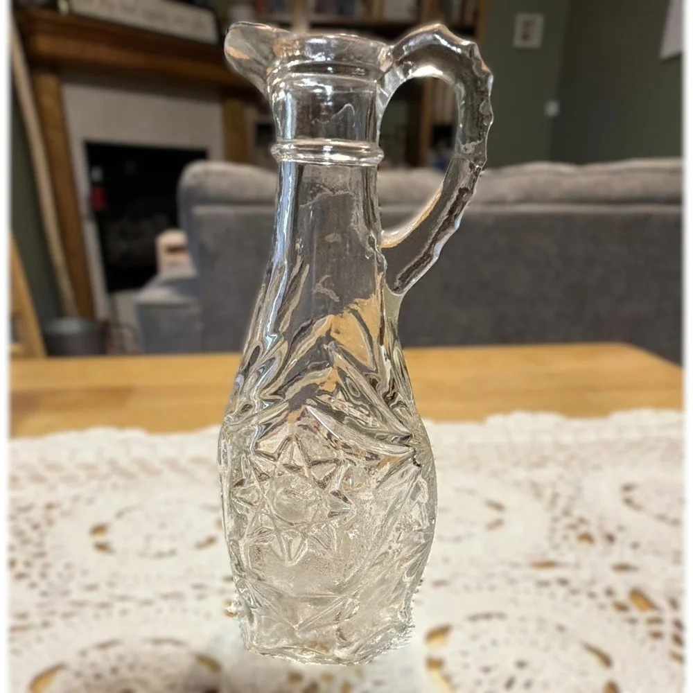 Vintage Clear Pressed Glass Cruet Starburst Diamond Pattern Oil Vinegar Decanter
